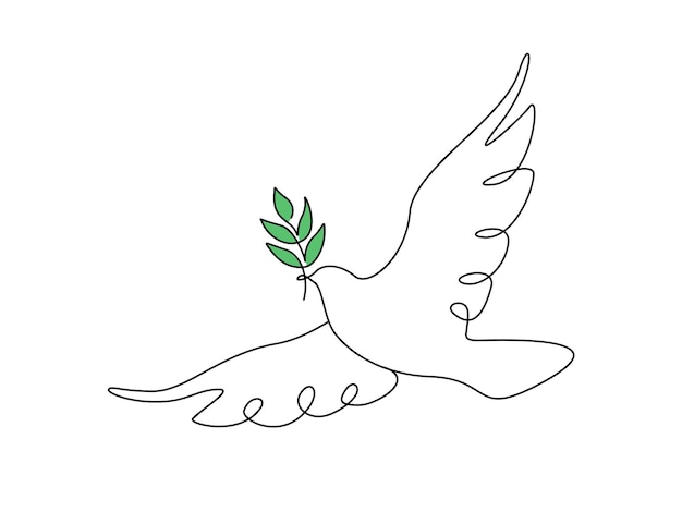 Een doorlopende lijntekening van vredesduif vliegen met groene olijf takje vogel en tak symbool van vrede en vrijheid in eenvoudige lineaire stijl duif pictogram Doodle vectorillustratie