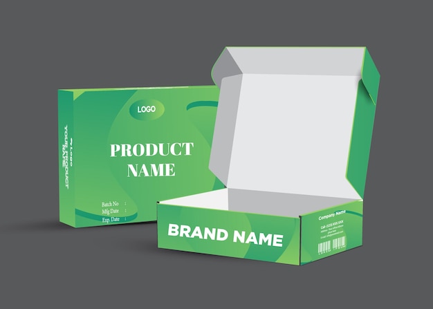 een doos met de naam van het product, de merknaam naast een doos