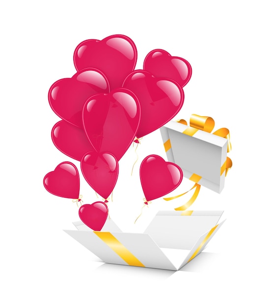 Vector een doos met een doos en hartvormige ballonnen