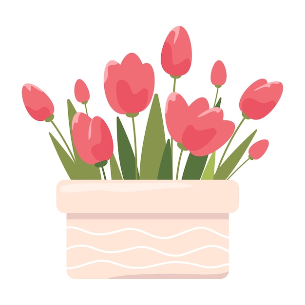 Een doos met tulpen Lente- en zomerbloemen Vectorillustratie geïsoleerd op wit Floral design