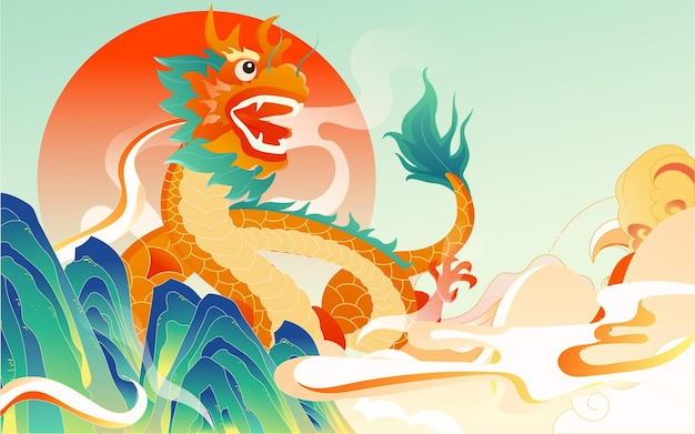Een draak reist door de bergen met wolken en de zon op de achtergrond