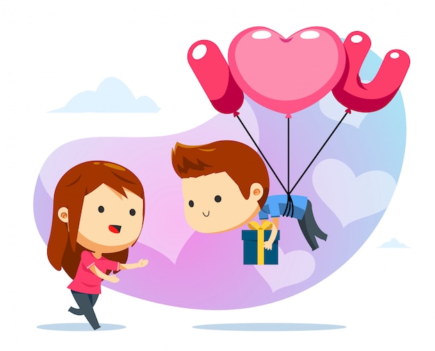 Vector een drijvende jongen met ballon en een meisje klaar om te vangen
