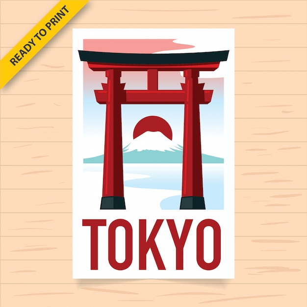 een drijvende rode torii poort met zonsondergangen en mount fuji op de achtergrond, tokyo reisposter. Vintage stijl poster, sticker en briefkaart ontwerp