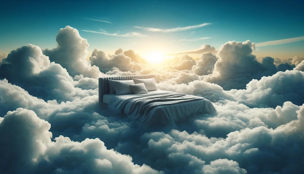 Een dromerige slaap in de hemel Een gezellig bed op de wolken