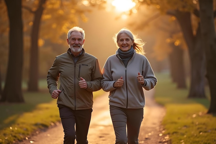 Vector een echtpaar is aan het joggen in het park. de zon gaat achter hen onder.