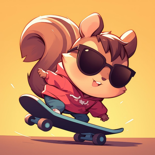 Een eekhoorn die op een skateboard rijdt in cartoon stijl