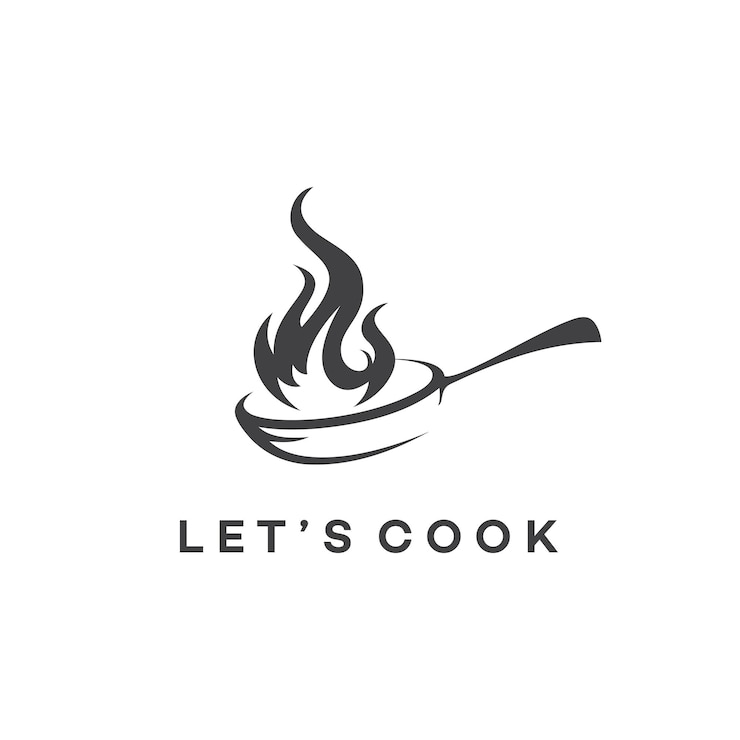 Vector een eenvoudig maar speels verfijnd logo-ontwerp met een pan met een vuur waar gekookt wordt