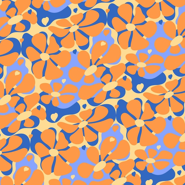 Een eenvoudig retro patroon met geschilderde oranje bloemen op blauwblauwe abstracte vlekken