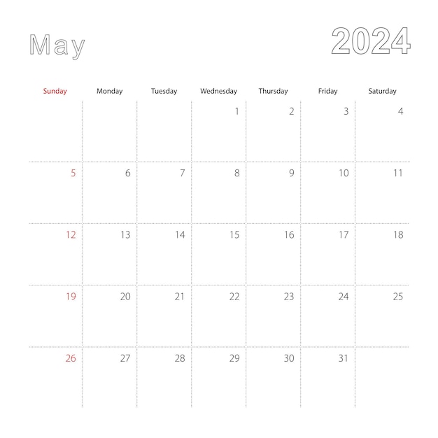 Een eenvoudige muurkalender voor mei 2024 met gestreepte lijnen