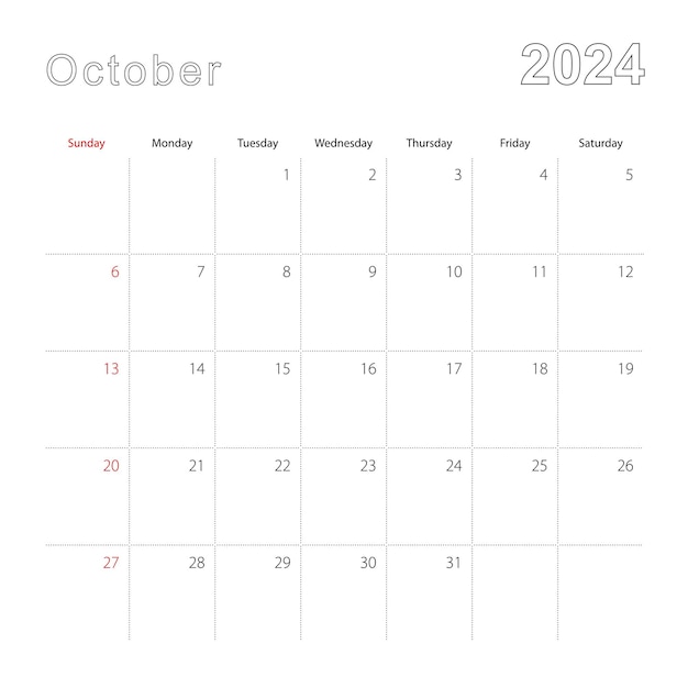 Een eenvoudige muurkalender voor oktober 2024 met gestreepte lijnen