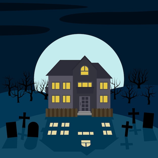 Een eenzaam huis 's nachts voor de maan. Vector achtergrond voor Halloween