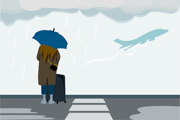 Een eenzaam meisje in de regen staat op de landingsbaan miste het vliegtuig het concept van psychische problemen verdriet lijden