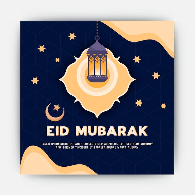 Een eid mubarak poster met een blauwe achtergrond en een lamp met een ster en de woorden eid mubarak erop.