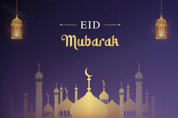 Een eid mubarak poster met een gouden achtergrond en een maan en sterren.