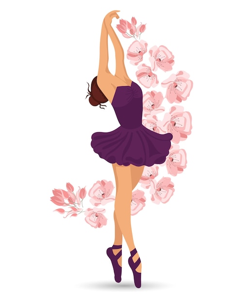 Een elegante dansende ballerina in een paarse jurk en pointe-schoenen en vliegende bloemen. Illustratie