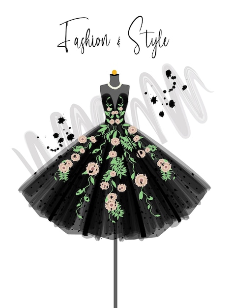 Een elegante jurk op mannequin met mode-illustratie in bloemenstijl