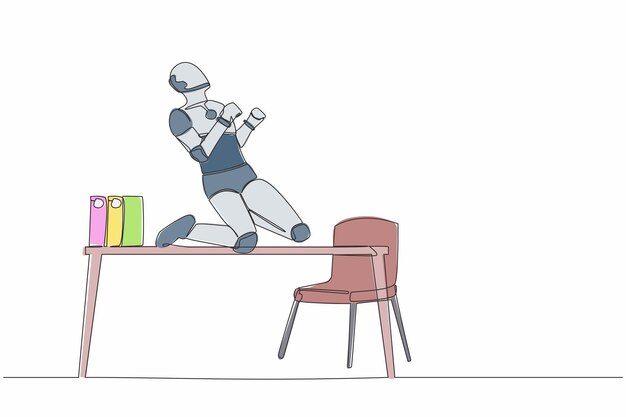 Een enkele continue lijn gelukkige robot knielend met het vieren van het doel poseren op het bureau Toekomstige technologie