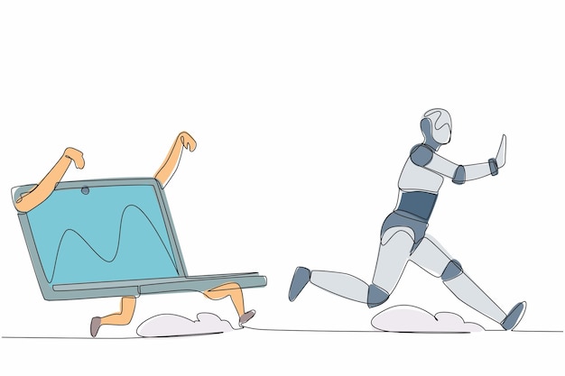 Een enkele continue lijn tekenen gestrest robot achtervolgd door laptop robot deadline van de technologie