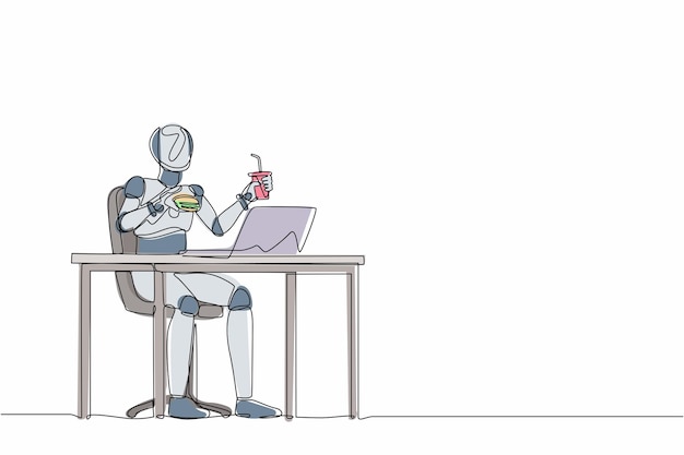 Een enkele continue lijn tekenen robot eten burger fastfood ongezonde levensstijl vector illustratie