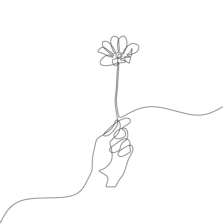 Vector een enkele doorlopende lijn kunst van de hand die een bloem vasthoudt
