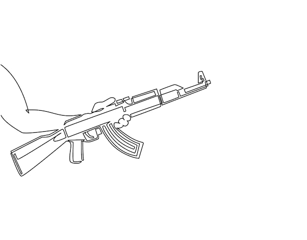 Een enkele doorlopende lijn tekende hand die AK 47 kalashnikov machinegeweer aanvalsgeweer illustreert