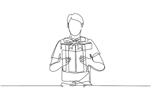 Een enkele doorlopende lijn tekende man met een grote lintboog verpakt geschenkdoos in zijn armen vector.