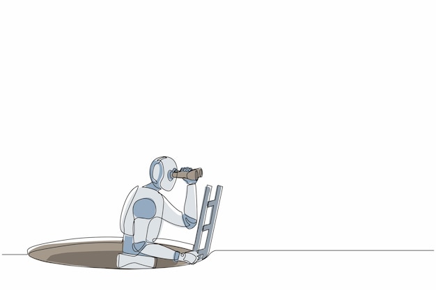 Vector een enkele doorlopende lijn tekende robot klimt uit het gat met behulp van een ladder en door gebruik te maken van een verrekijker