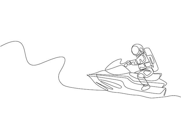 Een enkele doorlopende lijn tekenen astronaut oefening jetski op het maanoppervlak ontwerp vector illustratie