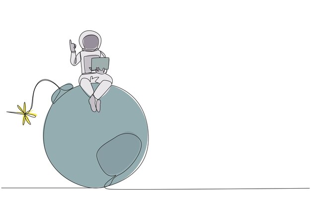 Een enkele doorlopende lijn tekenende astronaut zit op een grote bom met een brandende lont die een laptop vasthoudt