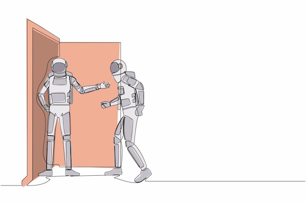 Een enkele doorlopende lijn tekening jonge astronaut aan de deur verwelkomt zijn vriend in vector illustratie
