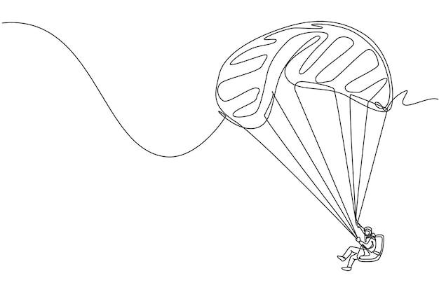 Vector een enkele doorlopende lijn tekening jonge man vliegt met paragliding parachute op de lucht sport vector