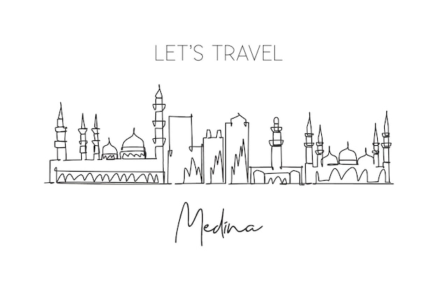 Een enkele doorlopende lijn tekening Medina skyline Saoedi-Arabië Beroemde stad landschap postkaart print kunst