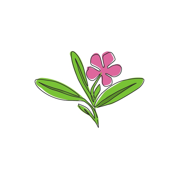 Een enkele doorlopende lijn tekening schoonheid periwinkle voor tuin logo Printable vinca bloem poster kunst