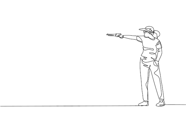 Een enkele doorlopende lijn tekening van een jonge atleet vrouwelijke schutter die een pistool vasthoudt om te schieten