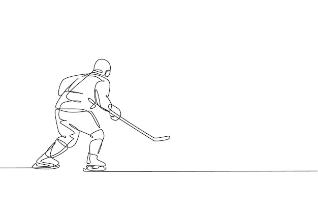 Een enkele doorlopende lijn tekening van een jonge professionele ijshockeyspeler die de puck verdediging op het ijs vasthoudt