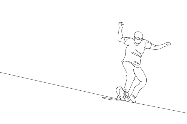 Een enkele doorlopende lijn tekening van een jonge skateboarder man rijden skate en glijden in skate park vector