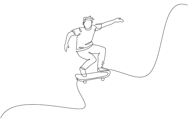 Een enkele doorlopende lijn tekening van een jonge skateboarder man rijden skate en springen in skate park vector