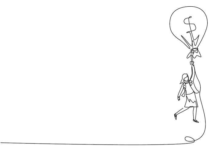 Vector een enkele doorlopende lijn tekening zakenvrouw vliegen met geld zak dollar ballon succes grafisch