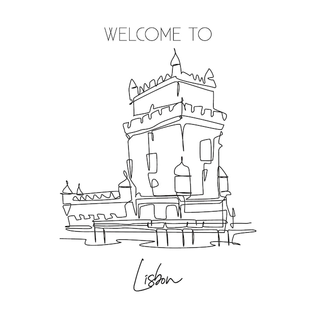 Een enkele doorlopende lijntekening Belem Tower bezienswaardigheid Beroemde plaats in Lissabon Portugal ontwerpvector