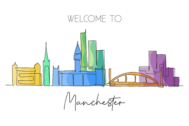 Een enkele doorlopende lijntekening van de skyline van manchester beroemde stads wolkenkrabberlandschap in de wereld