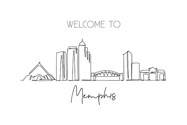 Een enkele doorlopende lijntekening van de skyline van memphis usa beroemde schraper en landschapsontwerpvector