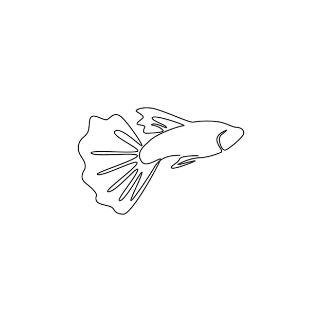 Een enkele doorlopende lijntekening van een schattige guppy vis voor aquarium logo zoetwater aquarium vis mascotte