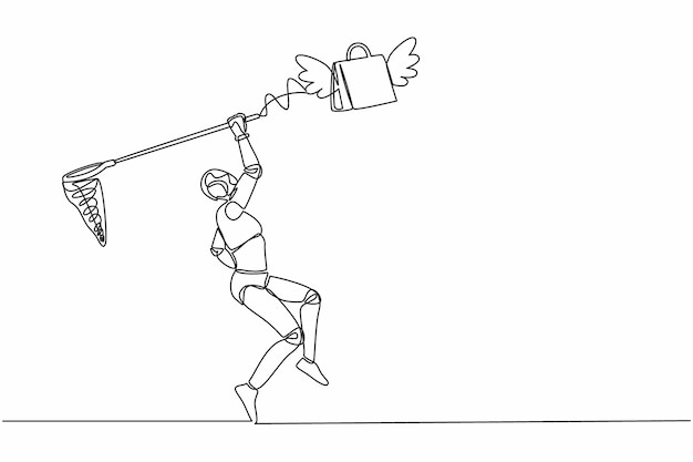 Een enkele lijn tekende robot probeert een vliegende winkeltas te vangen met een vlindernet ontwerp vector