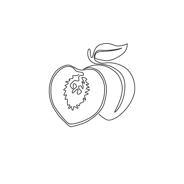 Eén enkele lijn tekening hele en gesneden gezonde biologische perzikboomgaard logo Icon van vers fruit