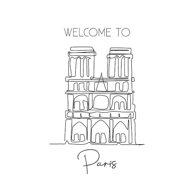 Een enkele lijn tekening Notre-Dame bezienswaardigheid Wereld iconische beroemde plaats in Parijs Frankrijk Toerisme reis postkaart muur huis decoratie poster kunstdruk Moderne continue lijn tekenen ontwerp vector illustratie