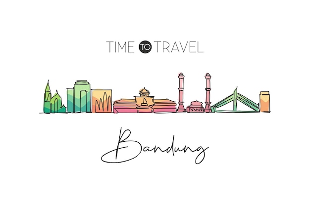 Eén enkele lijn tekening van de skyline van Bandung India Historisch stadslandschap ontwerp vectorgrafiek