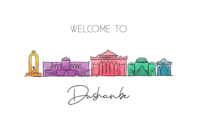 Eén enkele lijn tekening van de skyline van de stad Dushanbe Tadzjikistan Wereldhistorische stad landschap vector