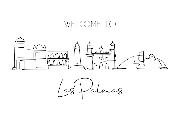 Eén enkele lijn tekening van de skyline van de stad Las Palmas Spanje Historisch wolkenkrabberlandschap in de wereld