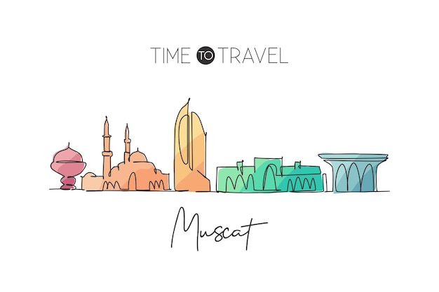 Eén enkele lijn tekening van de skyline van de stad Muscat Oman Landschap in de wereld ontwerp vectorgrafiek