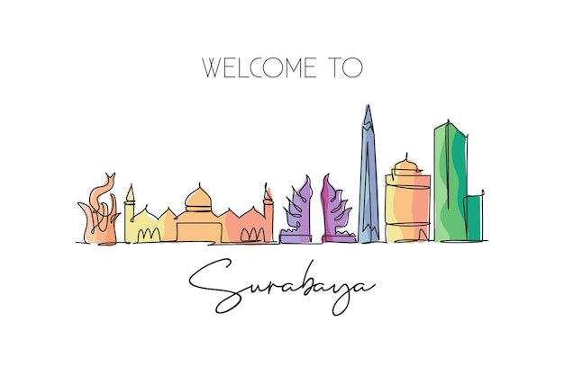 Eén enkele lijn tekening van de skyline van de stad Surabaya Indonesië Historische stad landschap ontwerp vector